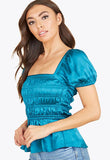 Teal Satin Milkmaid Ruched Panel Top With Peplum Hem