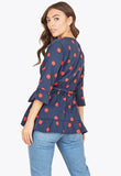 Navy Red Large Spot 3/4 Length Sleeve Wrap Top