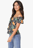 Black Floral Spot Print Bardot Tie Front Blouse