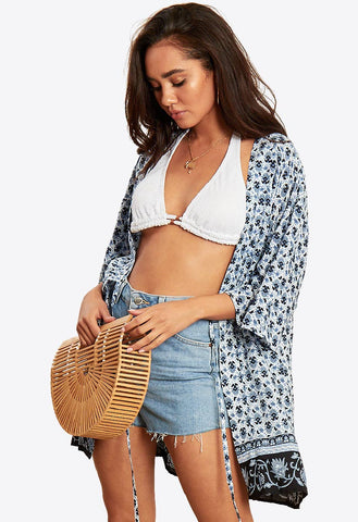 Blue Border Print Beach Kimono with Tassel Trim