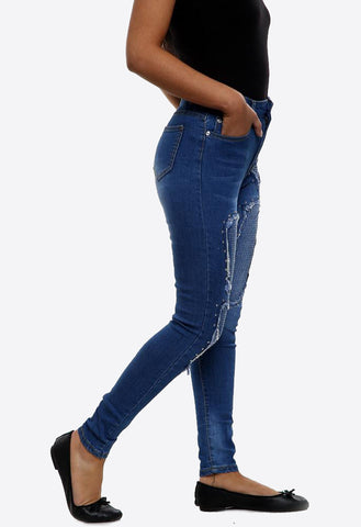 Blue Denim Diamante Insert Distressed Skinny Jeans