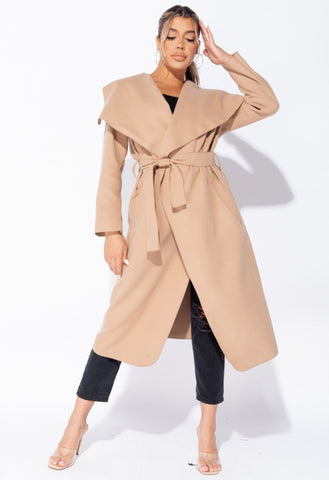 Camel Onesize Waterfall Collar Belted Duster Coat