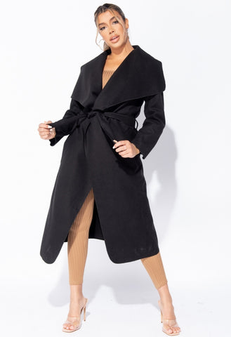 Black Waterfall Collar Belted Duster Coat