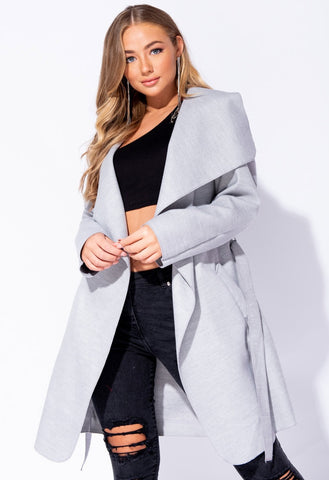 Grey Onesize Waterfall Collar Belted Duster Coat