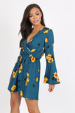 Teal Floral Flute Sleeve Skater Dress