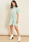 Mint Ditsy Floral Shirred High Neck Tiered Mini Skater Dress