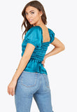 Teal Satin Milkmaid Ruched Panel Top With Peplum Hem