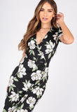 Floral Print Midi Wrap Dress With Button Detailing