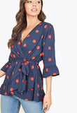 Navy Red Large Spot 3/4 Length Sleeve Wrap Top