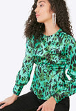 Green Satin Animal Print Long Sleeve Peplum Hem Top