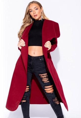 Wine Onesize Waterfall Collar Belted Duster Coat