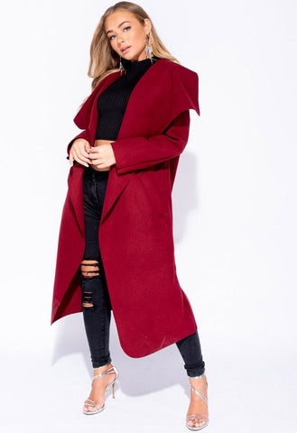 Wine Onesize Waterfall Collar Belted Duster Coat