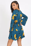 Teal Floral Flute Sleeve Skater Dress