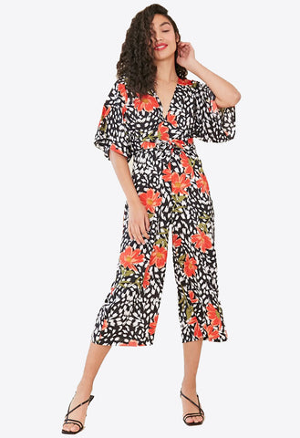 Multi Floral Print Wrap Culotte Jumpsuit