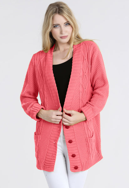 Coral Chunky Cable Knit Pocket Cardigan