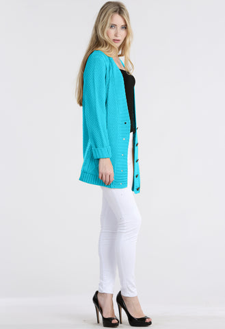 Turquoise Chunky Cable Knit Pocket Cardigan