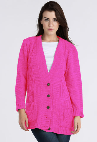 Fushcia Chunky Cable Knit Pocket Cardigan