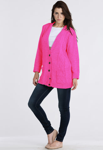 Fushcia Chunky Cable Knit Pocket Cardigan