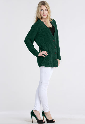 Bottle Green Chunky Cable Knit Pocket Cardigan