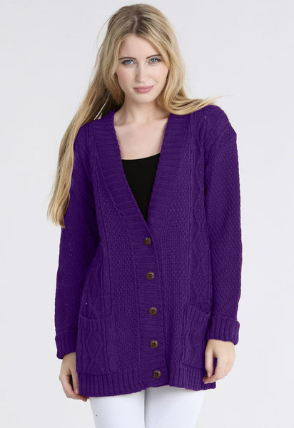 Purple Chunky Cable Knit Pocket Cardigan