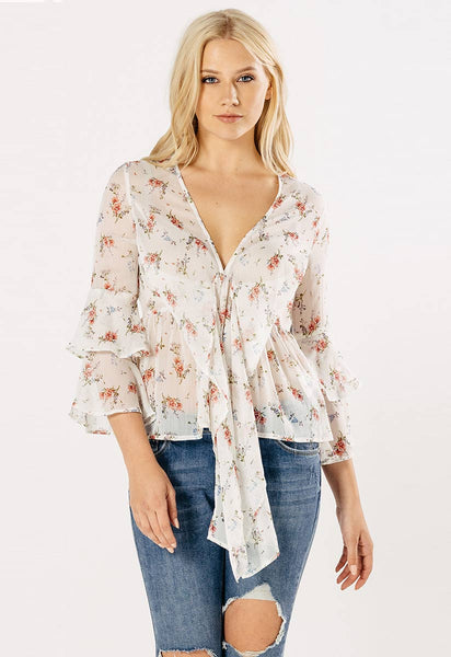 Cream Floral Front Tie Blouse