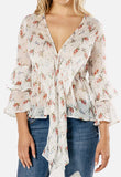 Cream Floral Front Tie Blouse