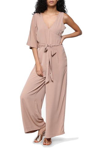 Beige Tie Front Asymmetrical Jumpsuit