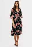 Black Floral Wrap Midi Dress