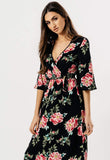 Black Floral Wrap Midi Dress