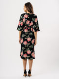 Black Floral Wrap Midi Dress