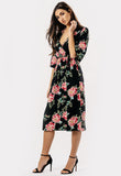 Black Floral Wrap Midi Dress