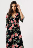 Black Floral Wrap Midi Dress