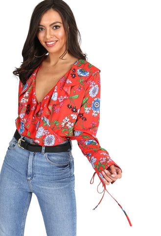 Red Floral Print Ruffle Frill Wrap Bodysuit