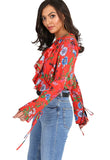 Red Floral Print Ruffle Frill Wrap Bodysuit