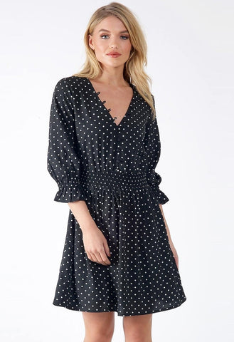 Black Polka Dot Button Detail V Neck Dress