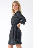 Black Polka Dot Button Detail V Neck Dress