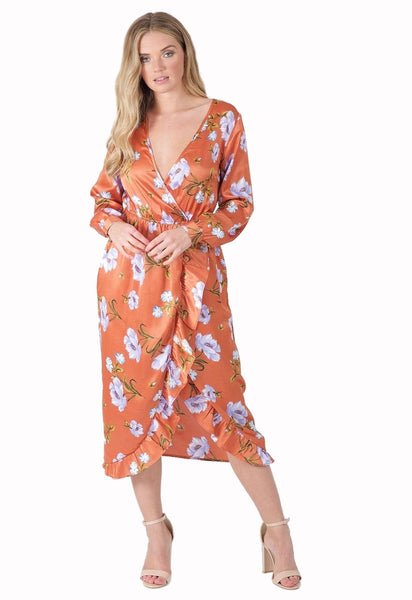 Rust Floral Wrap Front Maxi Dress