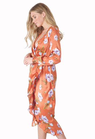 Rust Floral Wrap Front Maxi Dress