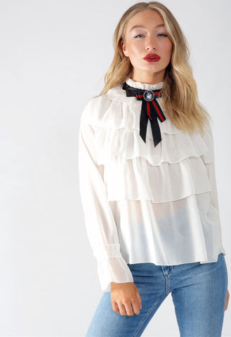 Cream High Neck Layered Ruffle Brooch Blouse