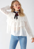 Cream High Neck Layered Ruffle Brooch Blouse