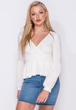 Cream Peplum Hem Wrap Front Full Sleeve Top