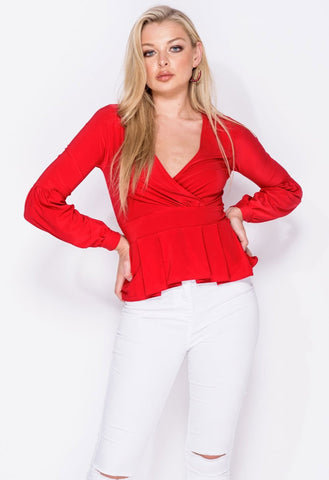 Red Peplum Hem Wrap Front Full Sleeve Top