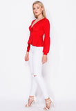 Red Peplum Hem Wrap Front Full Sleeve Top