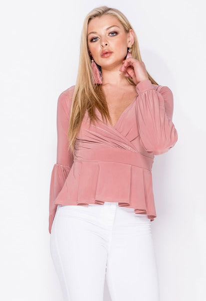 Rose Peplum Hem Wrap Front Full Sleeve Top