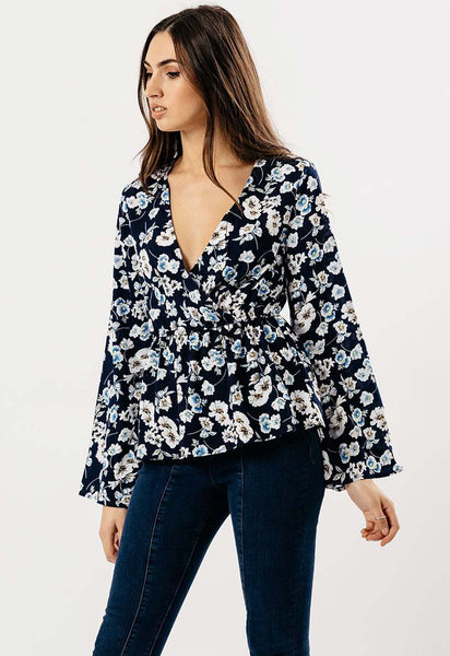 Navy Floral Flute Sleeve Wrap Top