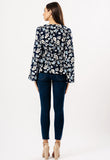 Navy Floral Flute Sleeve Wrap Top