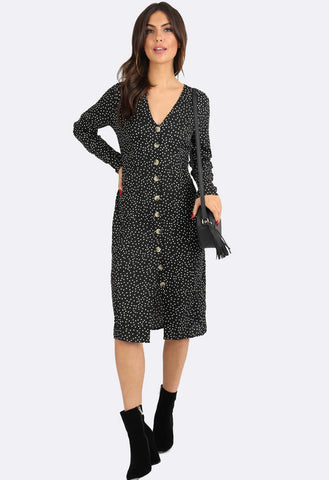 Black Dotted Button Down Midi Dress