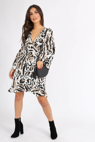 Leopard Print Flute Sleeve Wrap Dress