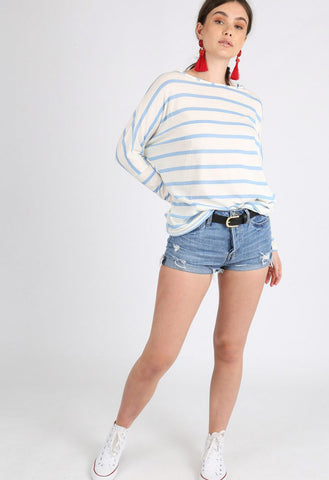 Blue Stripe Jersey Oversized Long Sleeve Dip Hem Batwing Top