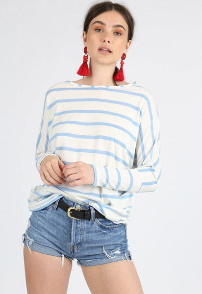 Blue Stripe Jersey Oversized Long Sleeve Dip Hem Batwing Top